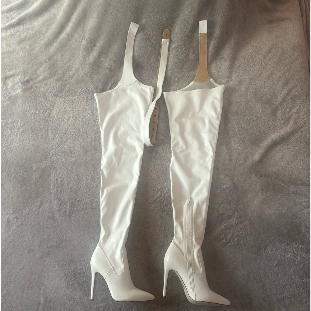 Azalea Wang White Stirrup Chap Stiletto Boots